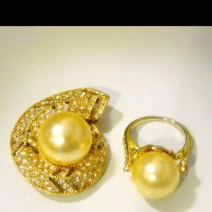 Pearlfection .925 Faux Golden South Sea Pearl Pin/ Ring Set